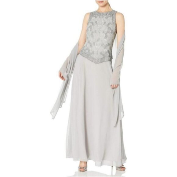 **J Kara** Women's Sleeveless Scallop Long Beaded Dress W/Scarf 6P NWT